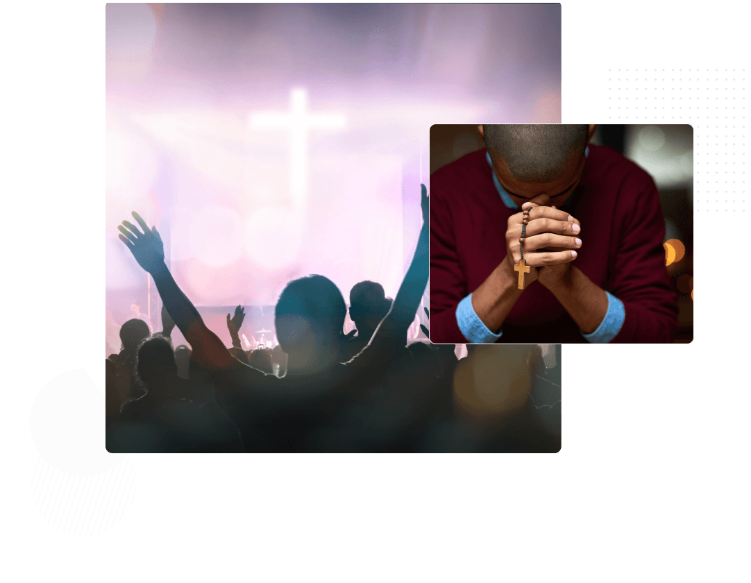 A person with their hands folded in front of the cross.