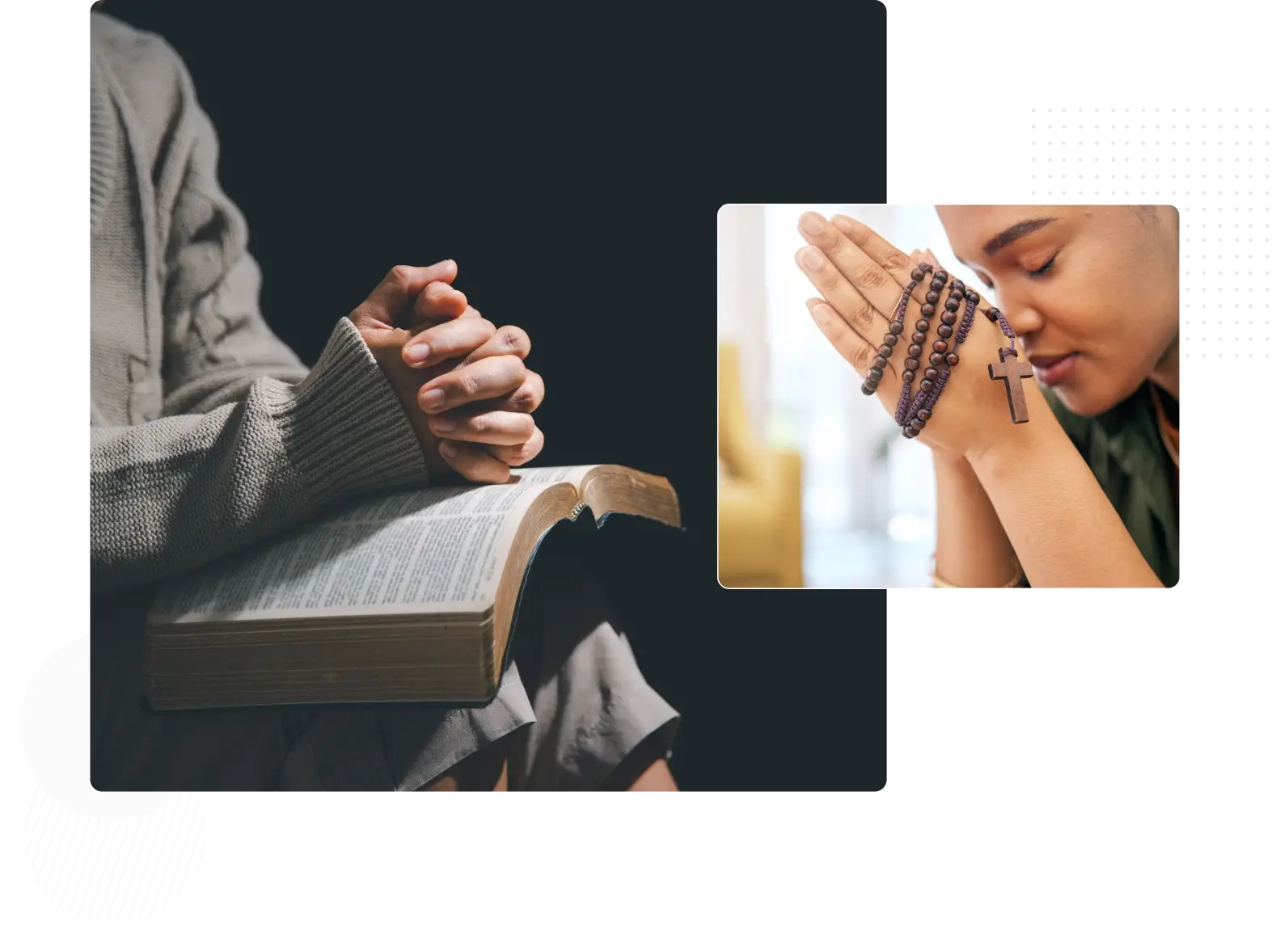 A person is praying with their hands folded over the bible.