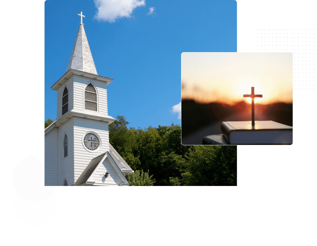 A church with a cross and sunset in the background.