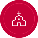 A red circle with a church in the middle