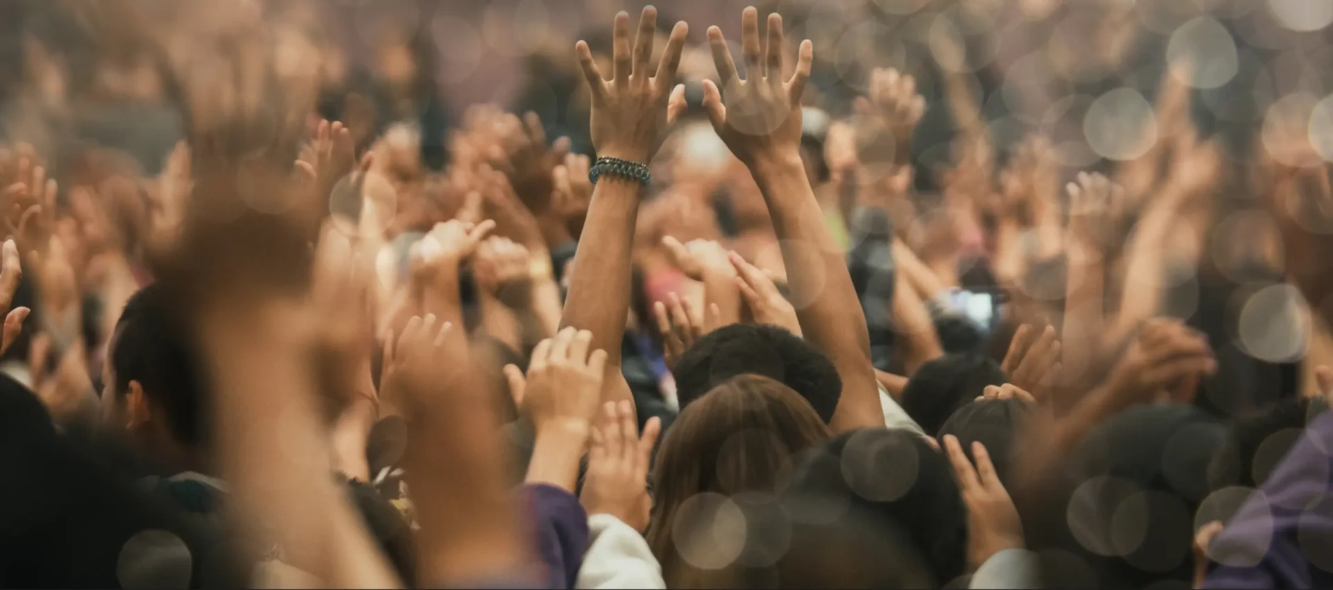 A crowd of people raising their hands in the air.
